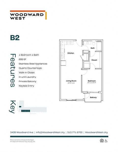 Floor plan for 1 bed, 1 bath, 699 sqft